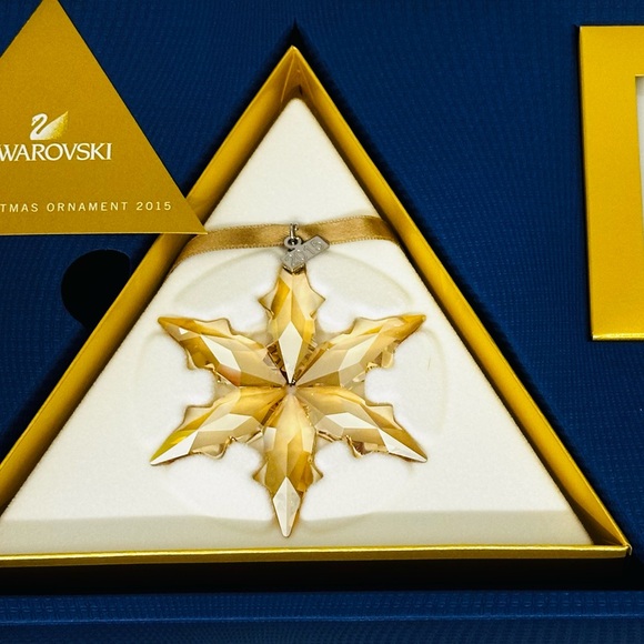 NIB Swarovski SCS 2015 Set Stand W 2 Gold Christmas Crystal Ornaments #5135951 - Picture 6 of 9